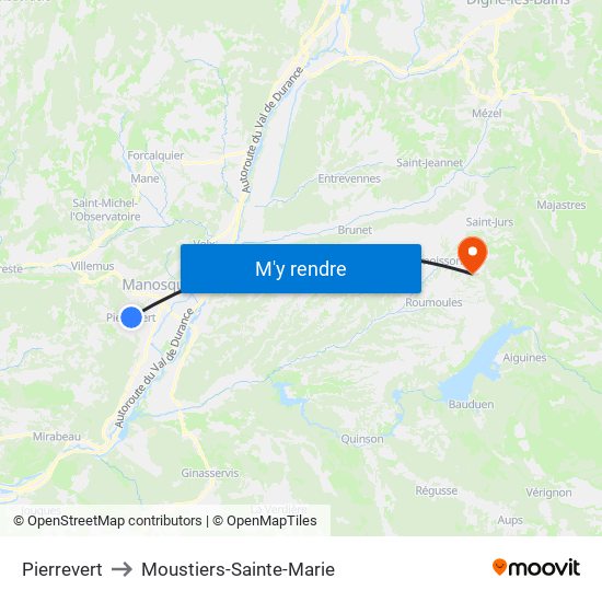 Pierrevert to Moustiers-Sainte-Marie map