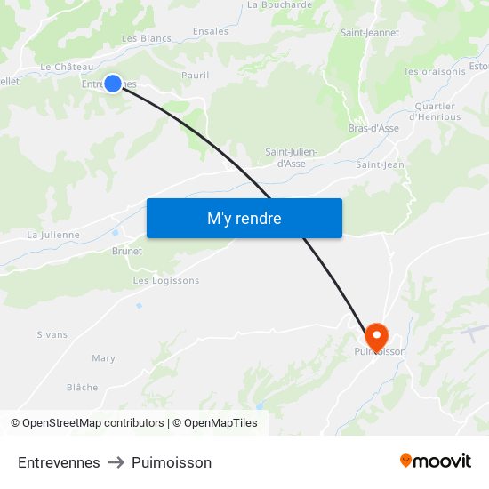 Entrevennes to Puimoisson map