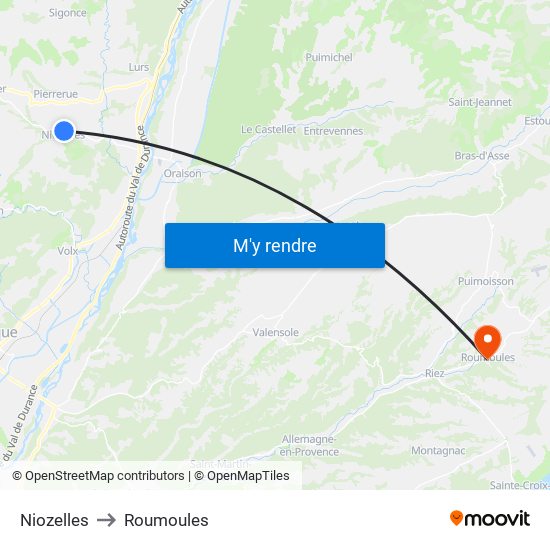 Niozelles to Roumoules map