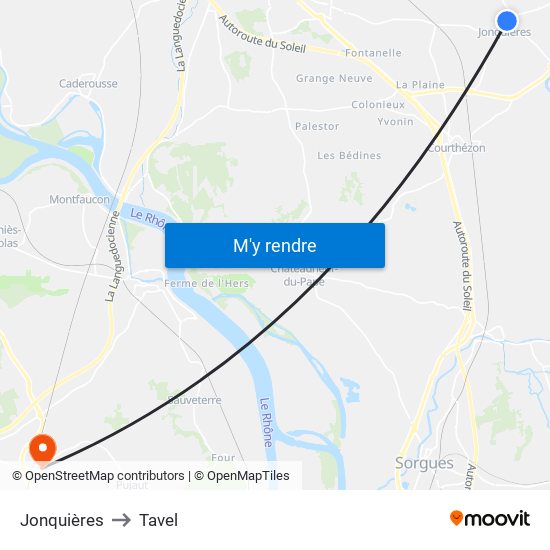 Jonquières to Tavel map