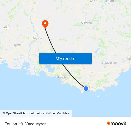 Toulon to Vacqueyras map