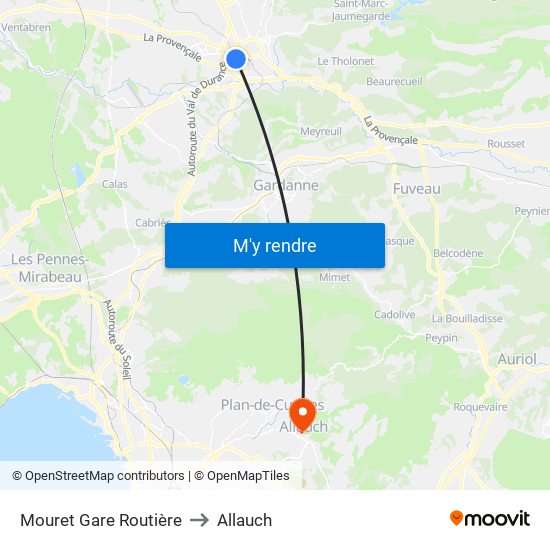 Mouret Gare Routière to Allauch map
