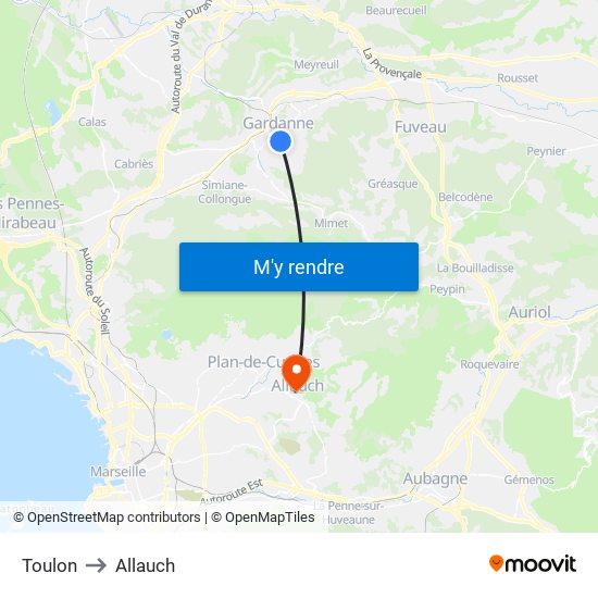Toulon to Allauch map