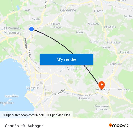 Cabriès to Aubagne map