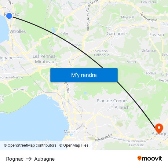 Rognac to Aubagne map