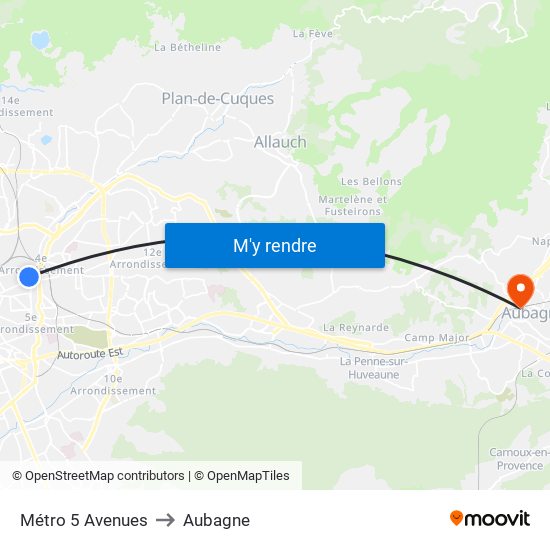 Métro 5 Avenues to Aubagne map