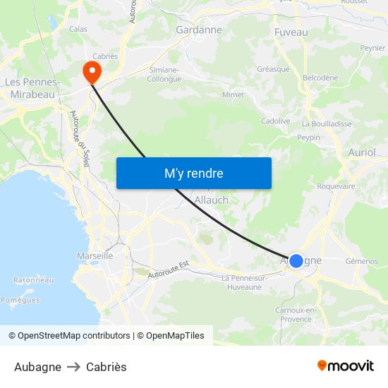 Aubagne to Cabriès map