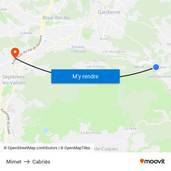 Mimet to Cabriès map