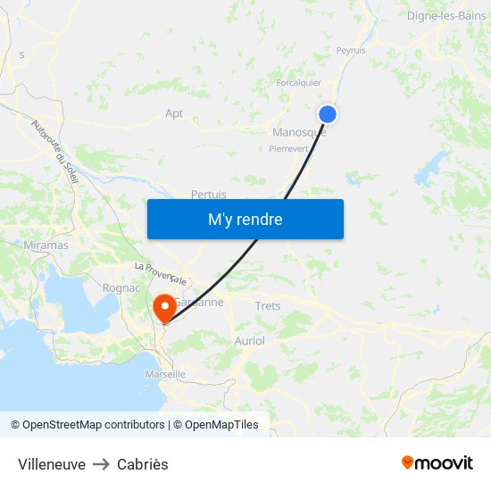 Villeneuve to Cabriès map