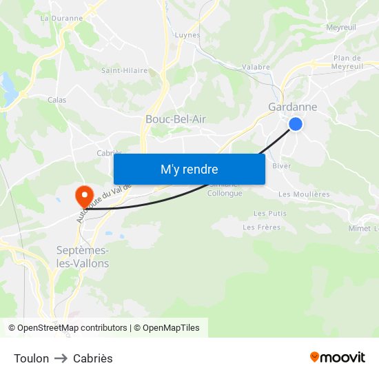 Toulon to Cabriès map