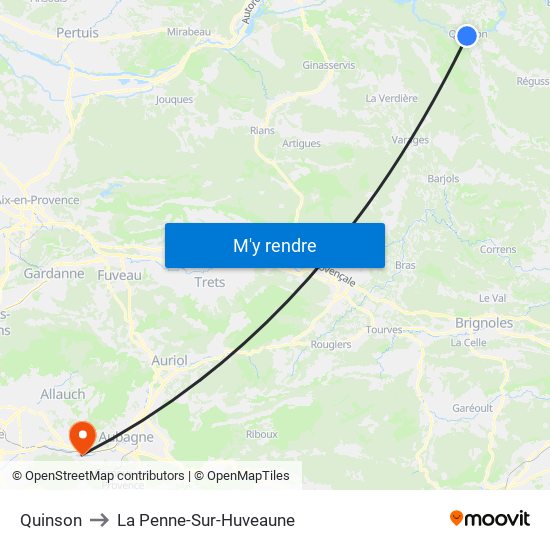 Quinson to La Penne-Sur-Huveaune map