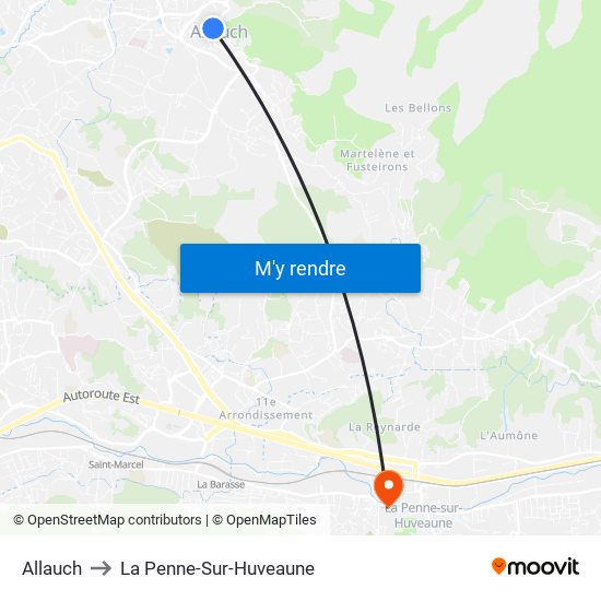 Allauch to La Penne-Sur-Huveaune map