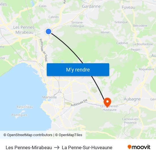 Les Pennes-Mirabeau to La Penne-Sur-Huveaune map