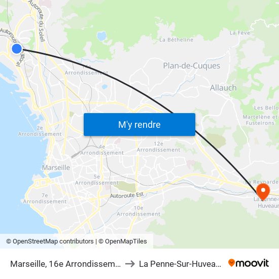 Marseille, 16e Arrondissement to La Penne-Sur-Huveaune map