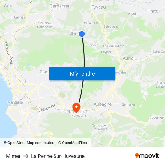 Mimet to La Penne-Sur-Huveaune map