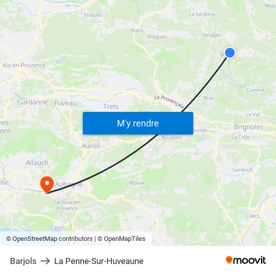 Barjols to La Penne-Sur-Huveaune map