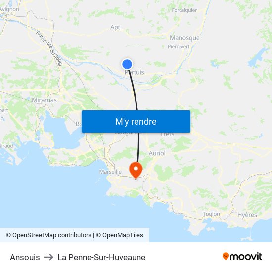 Ansouis to La Penne-Sur-Huveaune map