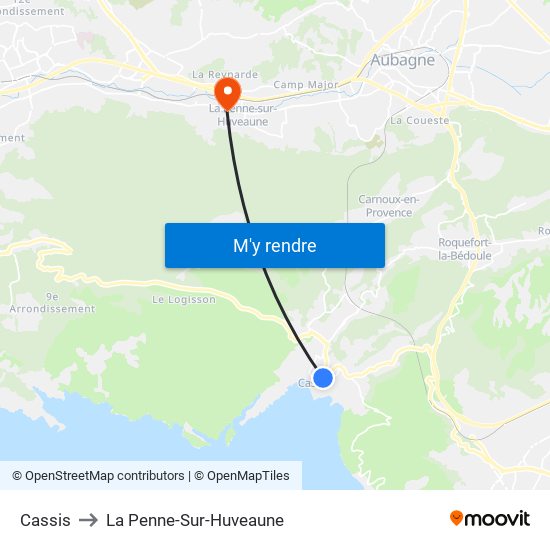 Cassis to La Penne-Sur-Huveaune map