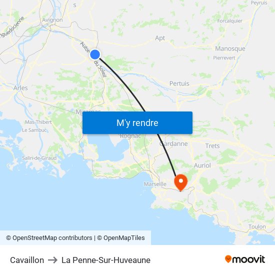 Cavaillon to La Penne-Sur-Huveaune map