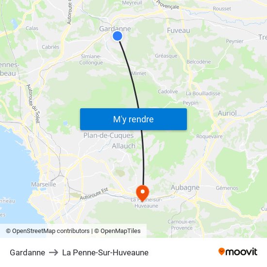 Gardanne to La Penne-Sur-Huveaune map