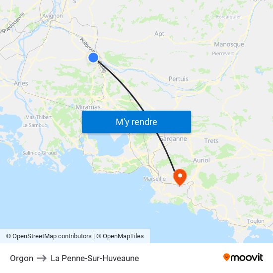 Orgon to La Penne-Sur-Huveaune map