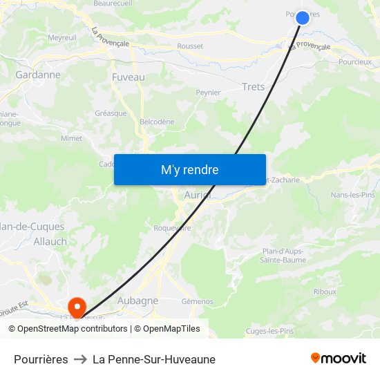 Pourrières to La Penne-Sur-Huveaune map