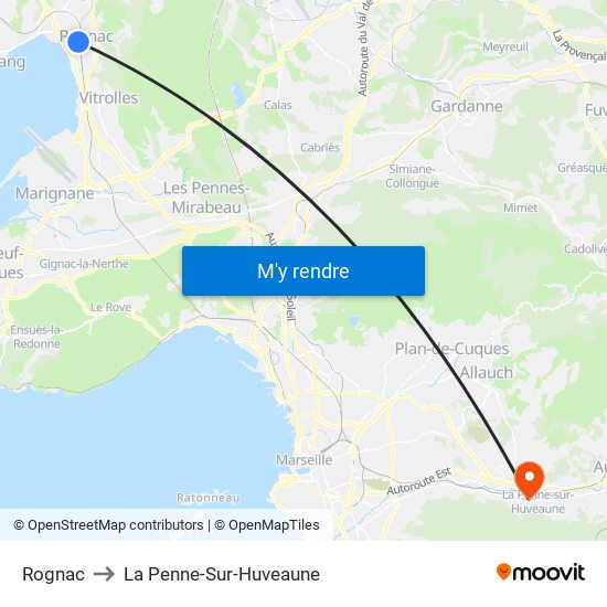 Rognac to La Penne-Sur-Huveaune map