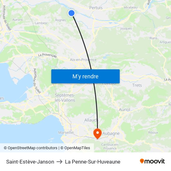 Saint-Estève-Janson to La Penne-Sur-Huveaune map