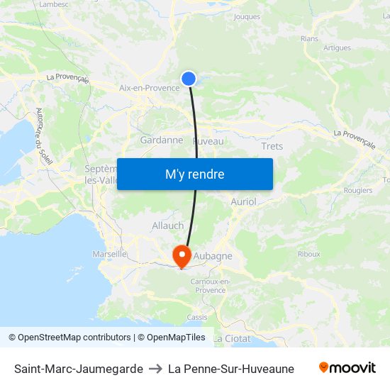 Saint-Marc-Jaumegarde to La Penne-Sur-Huveaune map