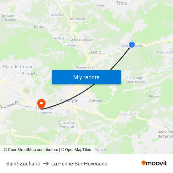 Saint-Zacharie to La Penne-Sur-Huveaune map
