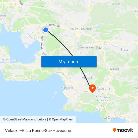 Velaux to La Penne-Sur-Huveaune map