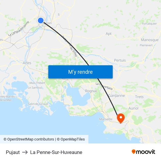 Pujaut to La Penne-Sur-Huveaune map