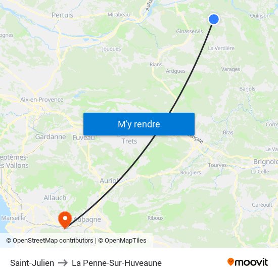 Saint-Julien to La Penne-Sur-Huveaune map