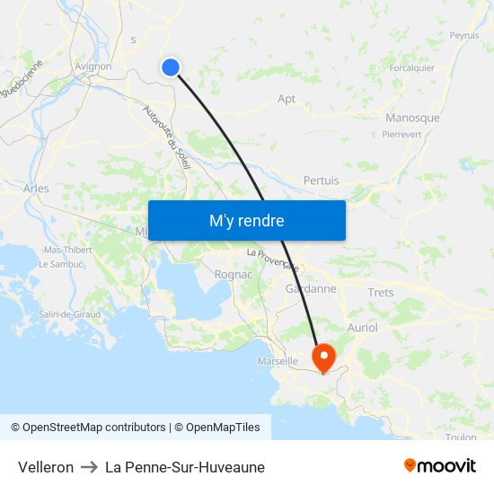 Velleron to La Penne-Sur-Huveaune map