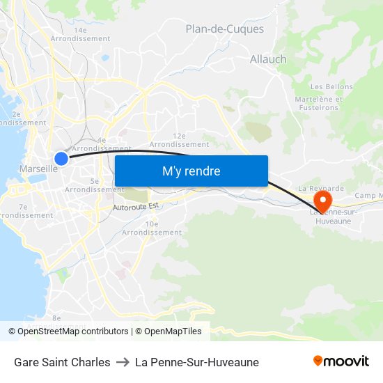 Gare Saint Charles to La Penne-Sur-Huveaune map
