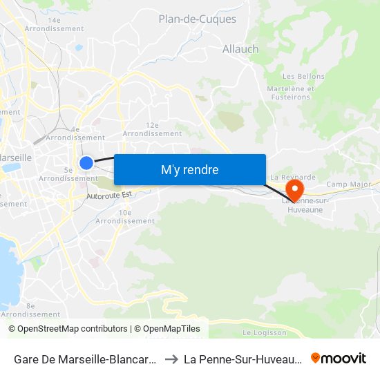 Gare De Marseille-Blancarde to La Penne-Sur-Huveaune map