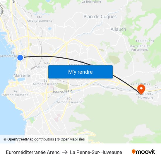 Euroméditerranée Arenc to La Penne-Sur-Huveaune map