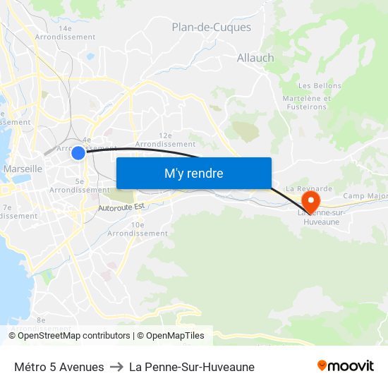 Métro 5 Avenues to La Penne-Sur-Huveaune map