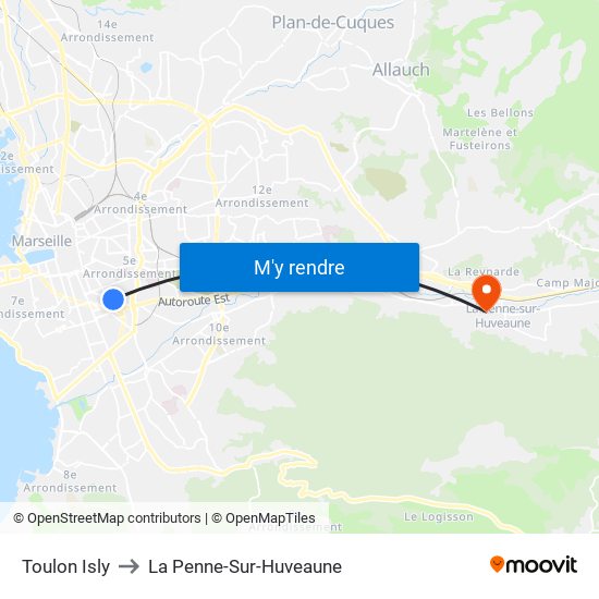 Toulon Isly to La Penne-Sur-Huveaune map