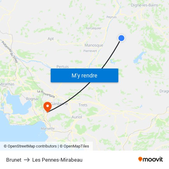 Brunet to Les Pennes-Mirabeau map