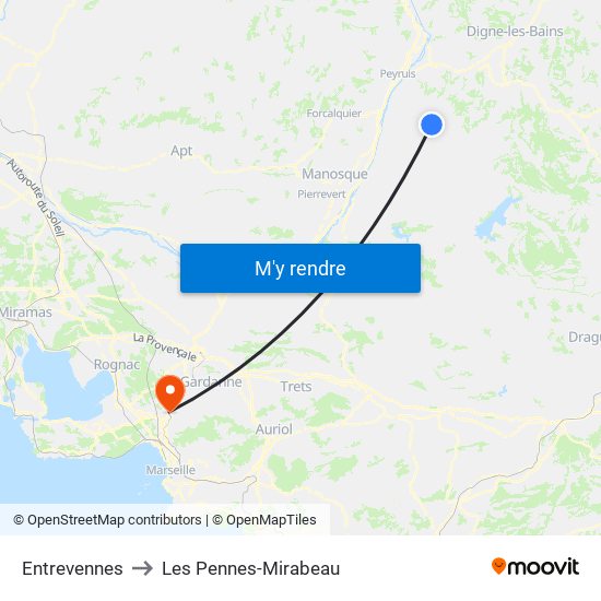 Entrevennes to Les Pennes-Mirabeau map