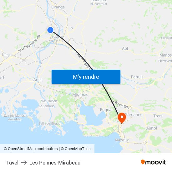 Tavel to Les Pennes-Mirabeau map