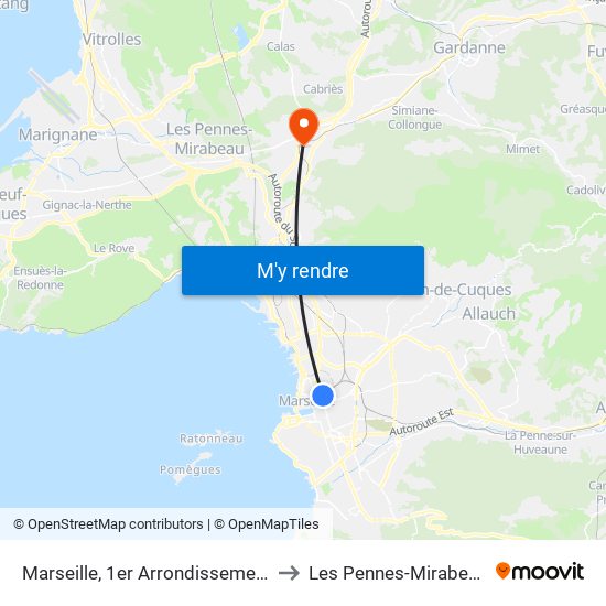 Marseille, 1er Arrondissement to Les Pennes-Mirabeau map
