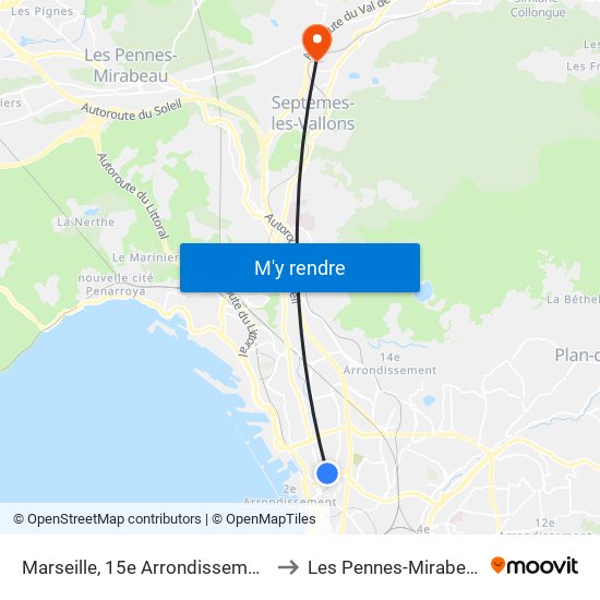 Marseille, 15e Arrondissement to Les Pennes-Mirabeau map