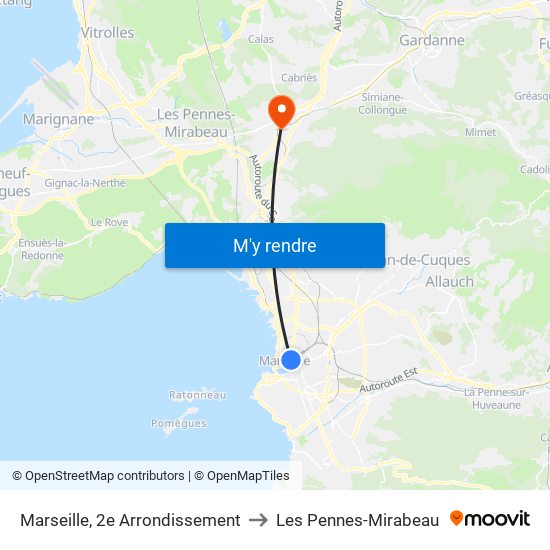 Marseille, 2e Arrondissement to Les Pennes-Mirabeau map