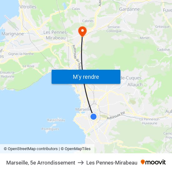 Marseille, 5e Arrondissement to Les Pennes-Mirabeau map
