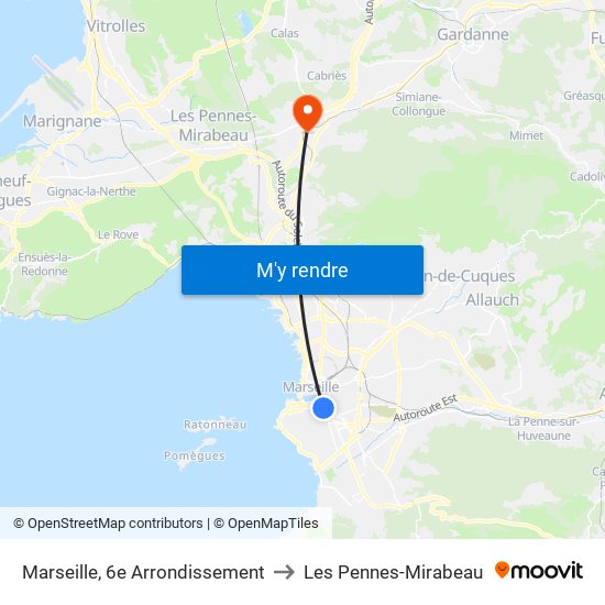 Marseille, 6e Arrondissement to Les Pennes-Mirabeau map