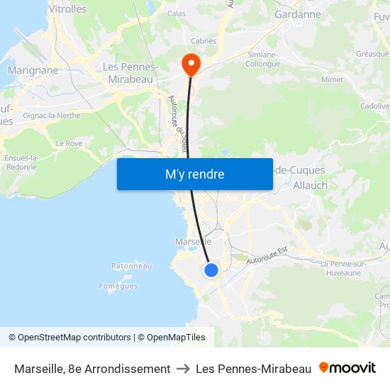 Marseille, 8e Arrondissement to Les Pennes-Mirabeau map