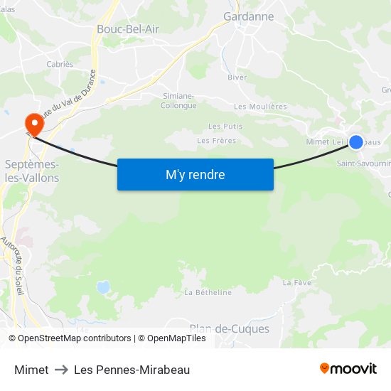 Mimet to Les Pennes-Mirabeau map