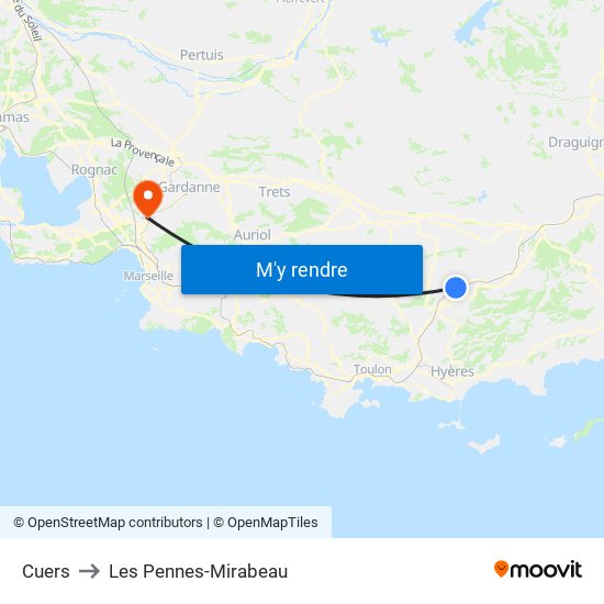 Cuers to Les Pennes-Mirabeau map